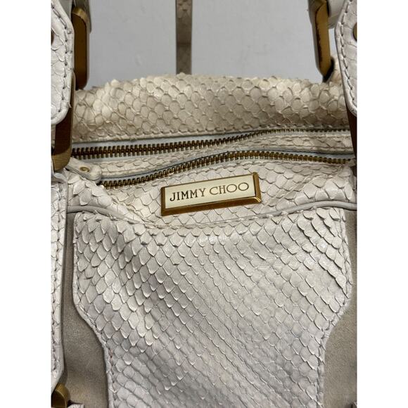 Jimmy Choo Suede Trim Python Embossed Leather Shoulder Top Handle Bag Off White - Picture 3 of 13